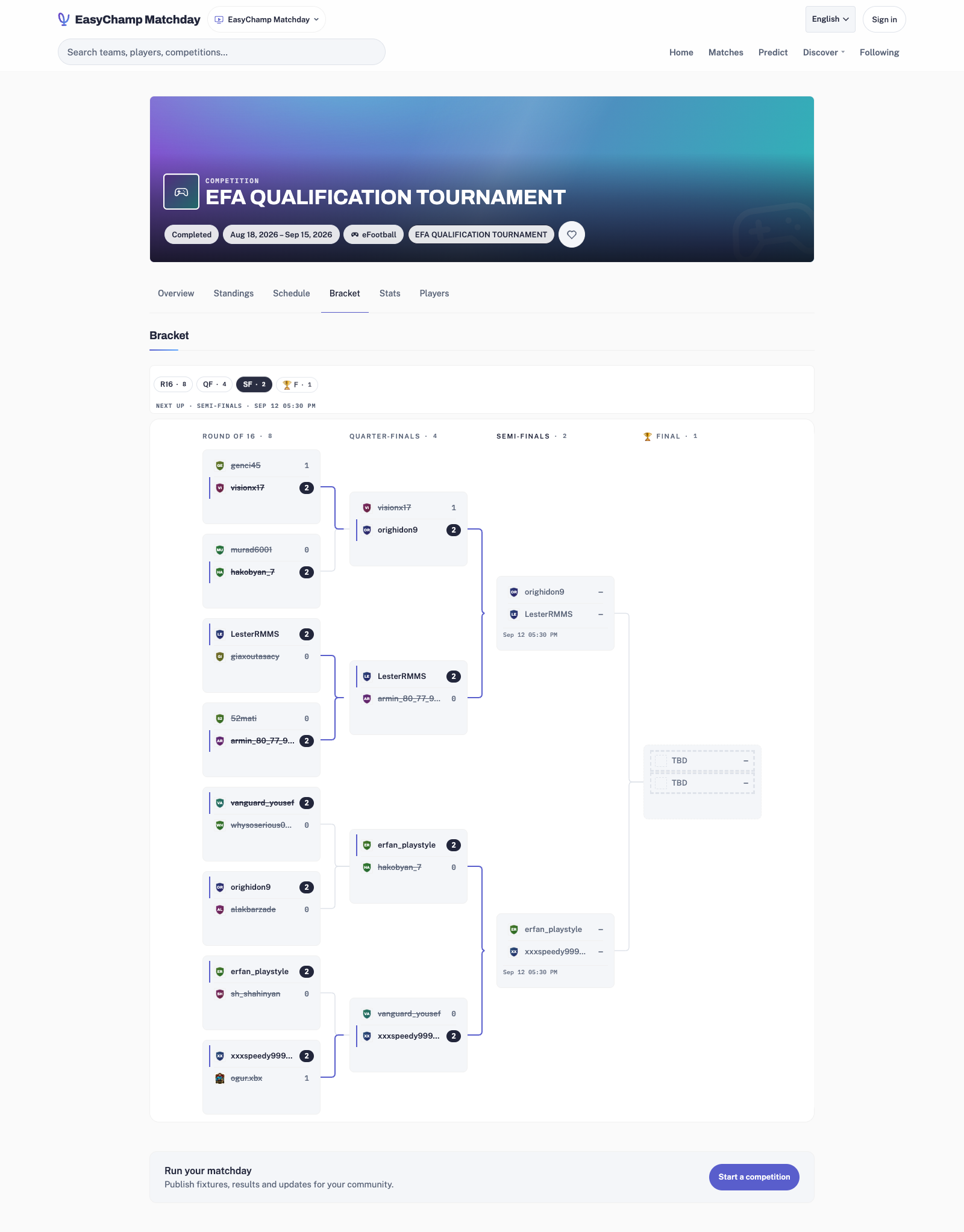 Actual EFA eFootball qualification bracket with completed round-of-16 and quarter-final results, two unscored semi-finals and a TBD final.